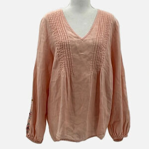 Sundance Linen Embroidered Balloon Sleeve Blouse in Peach - Size Medium